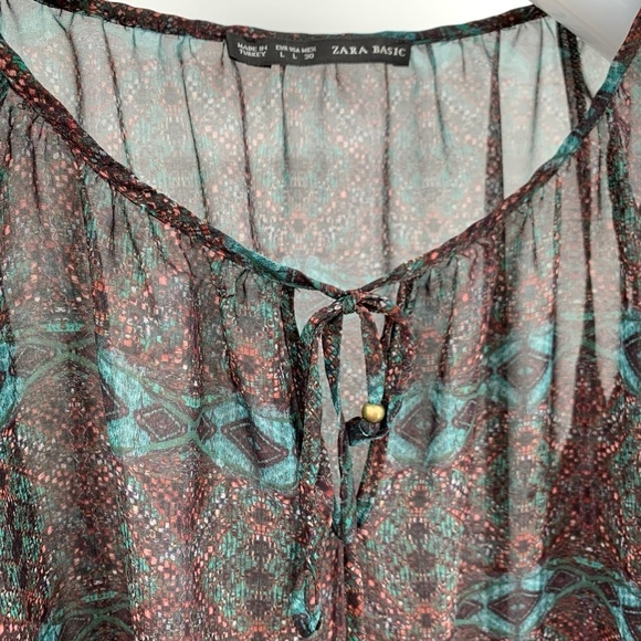 Zara Basic Semi Sheer Peasant Boho Blouse Browns - Picture 3 of 8